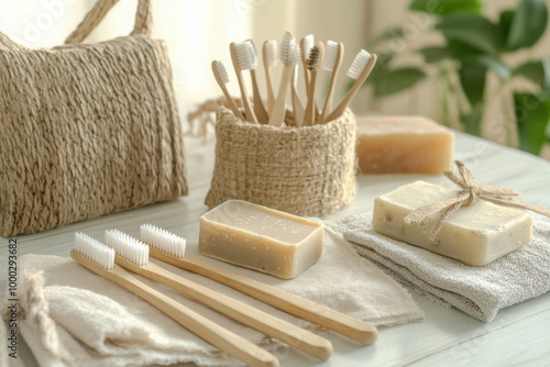 Eco-friendly bathroom accessories including bamboo toothbrushes, natural soaps, and woven baskets, promoting sustainable and zero-waste lifestyle choices photo