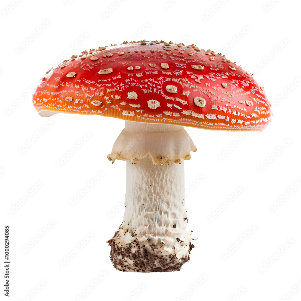 Obraz premium Close-up photo of a bright red amanita mushroom with white spots, set against a clear background to highlight its vivid hue and delicate pattern