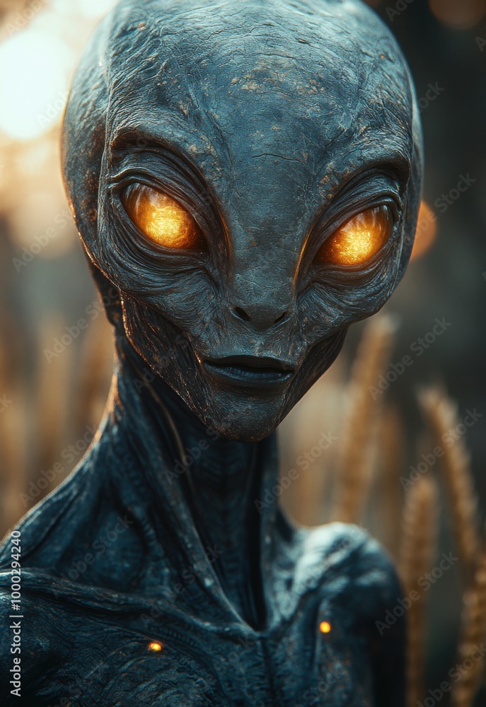 A gray alien with glowing eyes stands in a moonlit field among tall wheat at night, creating a mysterious atmosphere A gray alien with glowing eyes stands in a moonlit field among tall wheat at night, creating a mysterious atmosphere