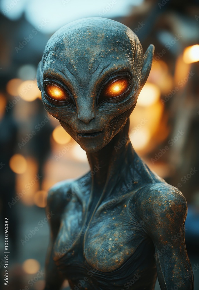A gray alien with glowing eyes stands in a moonlit field, surrounded by towering wheat at night A gray alien with glowing eyes stands in a moonlit field, surrounded by towering wheat at night