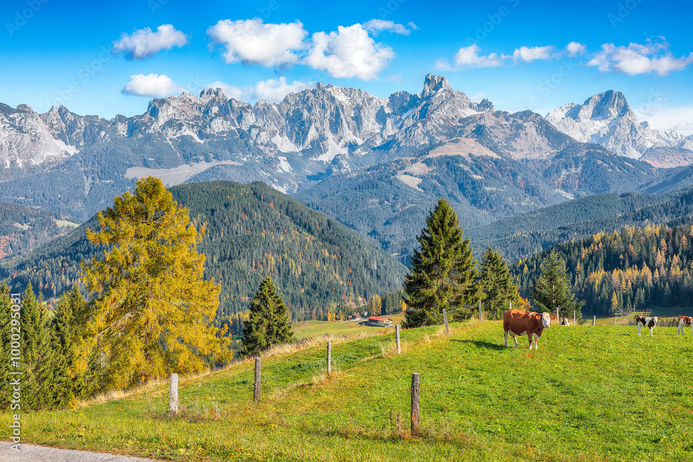 Fabulous view of Alpine green fields and mountains near St. Martin am Tennengebirge.