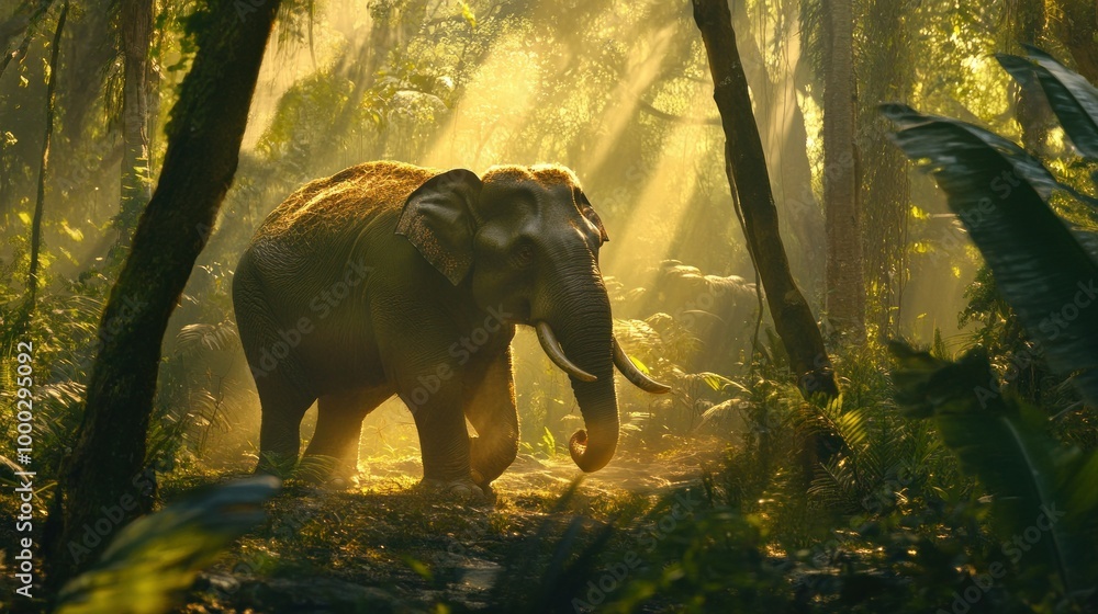 Fototapeta premium An Elephant Walking Through A Sunlit Jungle