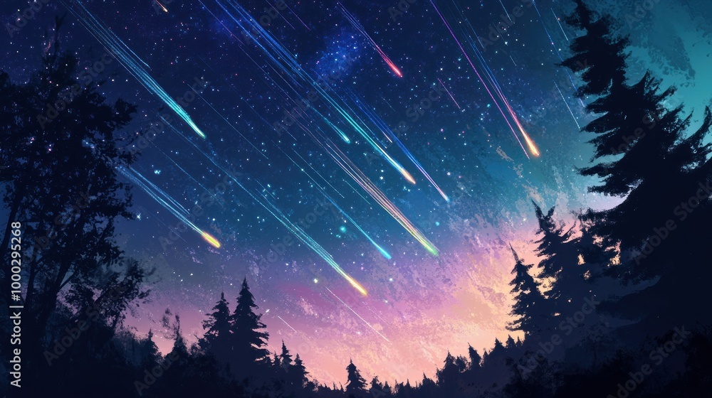 Naklejka premium Silhouetted Trees Under a Starry Sky with Shooting Stars