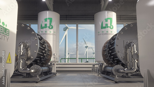 Production of green hydrogen through electrolysis with renewable energy. Realistic 3D render.