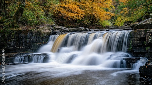 Cascading Waterfall Surrounded by Autumnal Forest