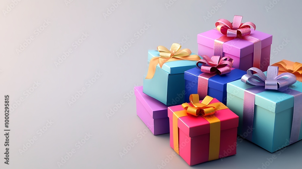 Stack of colorful gift boxes tied with ribbon bows, arranged in a creative layout on a plain background Stack of colorful gift boxes tied with ribbon bows, arranged in a creative layout on a plain background