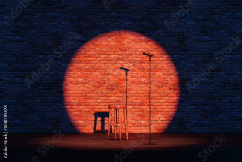 Photos Empty stand-up stage with a microphone and spotlights