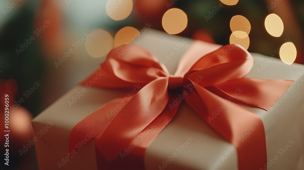 Close-up of a ribbon being tied into a bow on a gift box, with a blurred background Close-up of a ribbon being tied into a bow on a gift box, with a blurred background