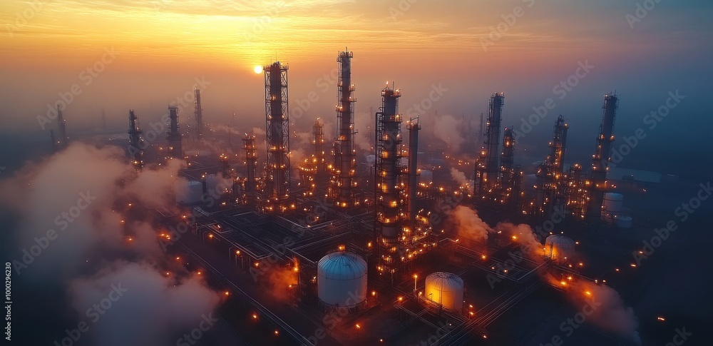 Aerial view of an oil and gas industrial plant at dawn with white tanks and hazy sky Aerial view of an oil and gas industrial plant at dawn with white tanks and hazy sky