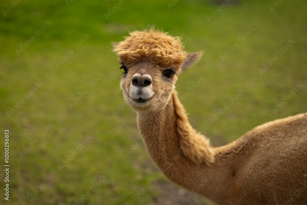 Fototapeta premium Adorable close-up of a young alpaca with fluffy hair standing on a grassy field and looking directly at the camera. Concept of farm animals, nature, and cute wildlife photography