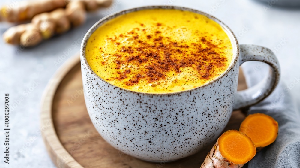 A vibrant turmeric latte in a ceramic mug, topped with frothy milk and a sprinkle of cinnamon, with fresh turmeric root on the side A vibrant turmeric latte in a ceramic mug, topped with frothy milk and a sprinkle of cinnamon, with fresh turmeric root on the side