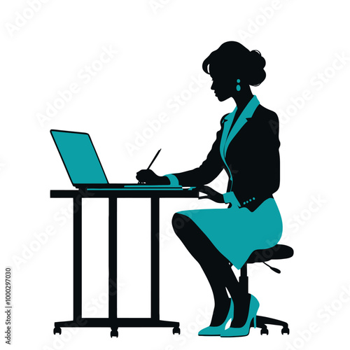 A woman focused on office work in a professional environment, PNG