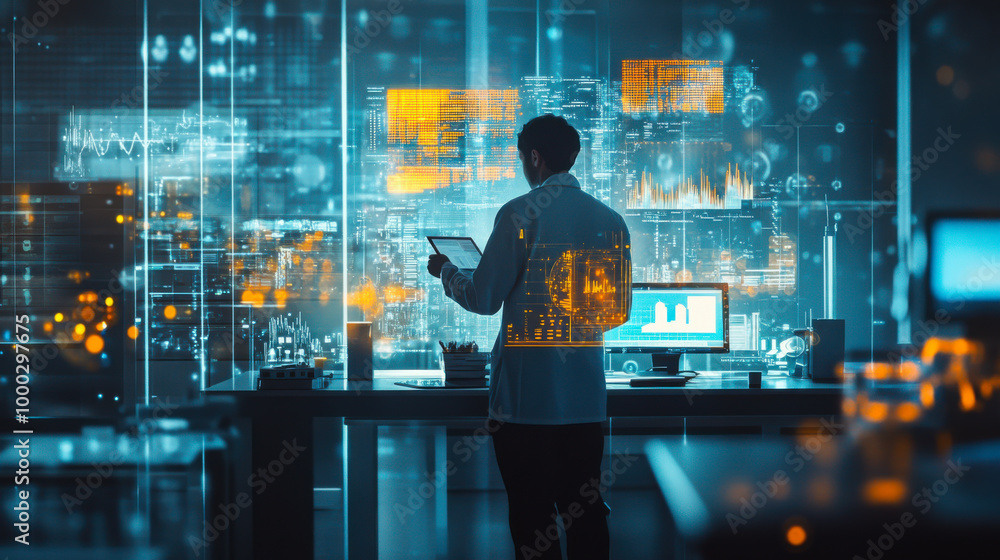 Scientist analyzing data in a modern laboratory with advanced technology and glowing screens during evening hours Scientist analyzing data in a modern laboratory with advanced technology and glowing screens during evening hours