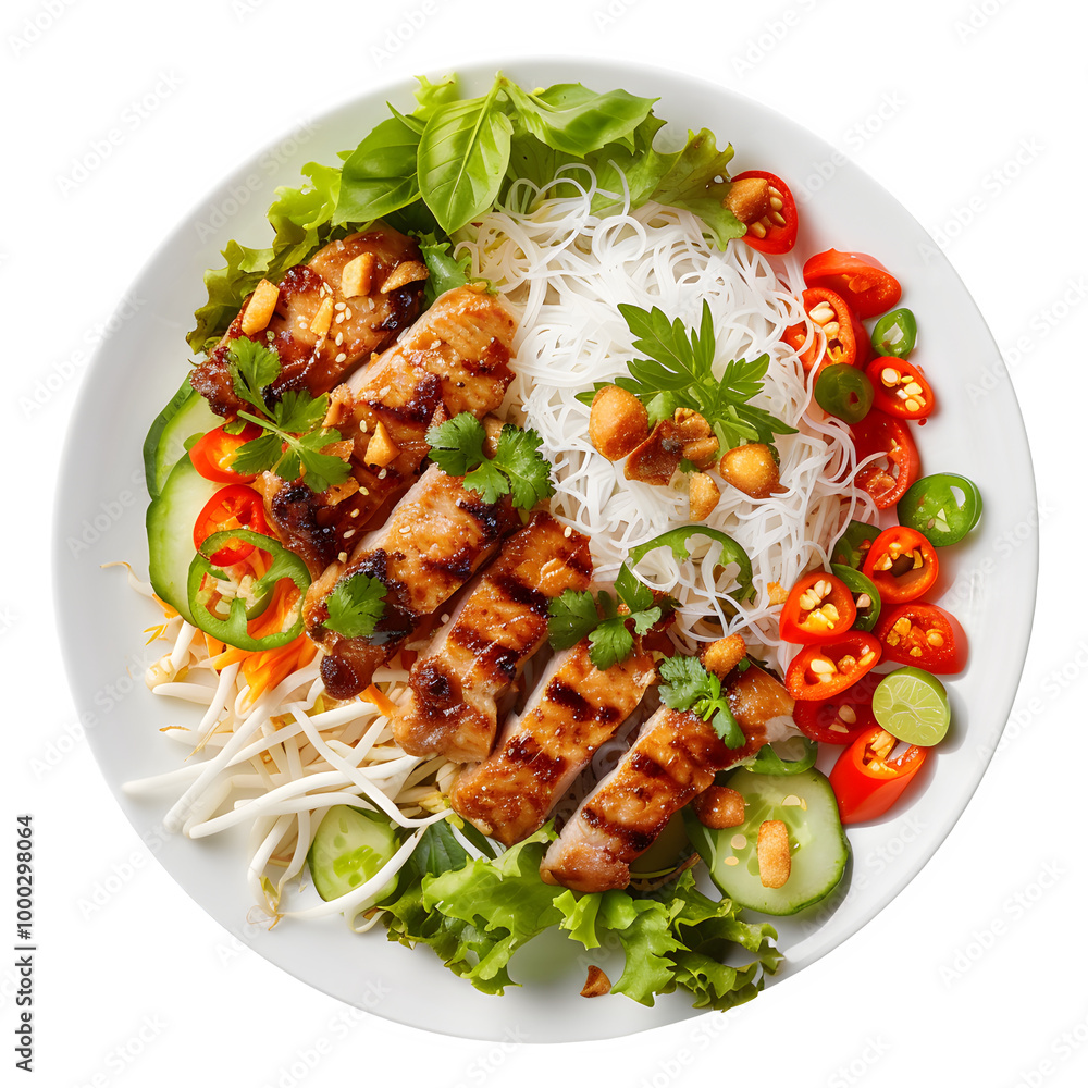 Delicious dish with grilled chicken, veggies, and noodles, topped with herbs and nuts, all arranged beautifully with bright colors and a tempting display Delicious dish with grilled chicken, veggies, and noodles, topped with herbs and nuts, all arranged beautifully with bright colors and a tempting display