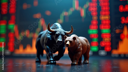 Bull and bear figurines facing off on candlestick chart background representing market dynamics photo