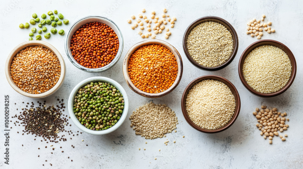Top view of bowls filled with various healthy cereals, including bulgur, beans, quinoa, peas, couscous, and hemp seeds, alongside chickpeas and buckwheat, arranged on a light kitchen background.
Top view of bowls filled with various healthy cereals, including bulgur, beans, quinoa, peas, couscous, and hemp seeds, alongside chickpeas and buckwheat, arranged on a light kitchen background.