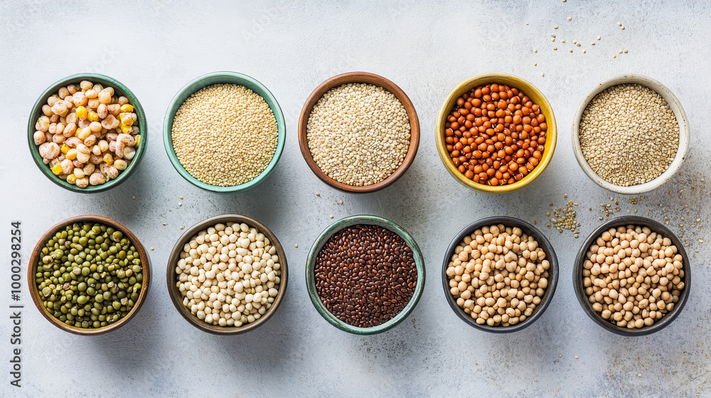 Top view of bowls filled with various healthy cereals, including bulgur, beans, quinoa, peas, couscous, and hemp seeds, alongside chickpeas and buckwheat, arranged on a light kitchen background.
Top view of bowls filled with various healthy cereals, including bulgur, beans, quinoa, peas, couscous, and hemp seeds, alongside chickpeas and buckwheat, arranged on a light kitchen background.