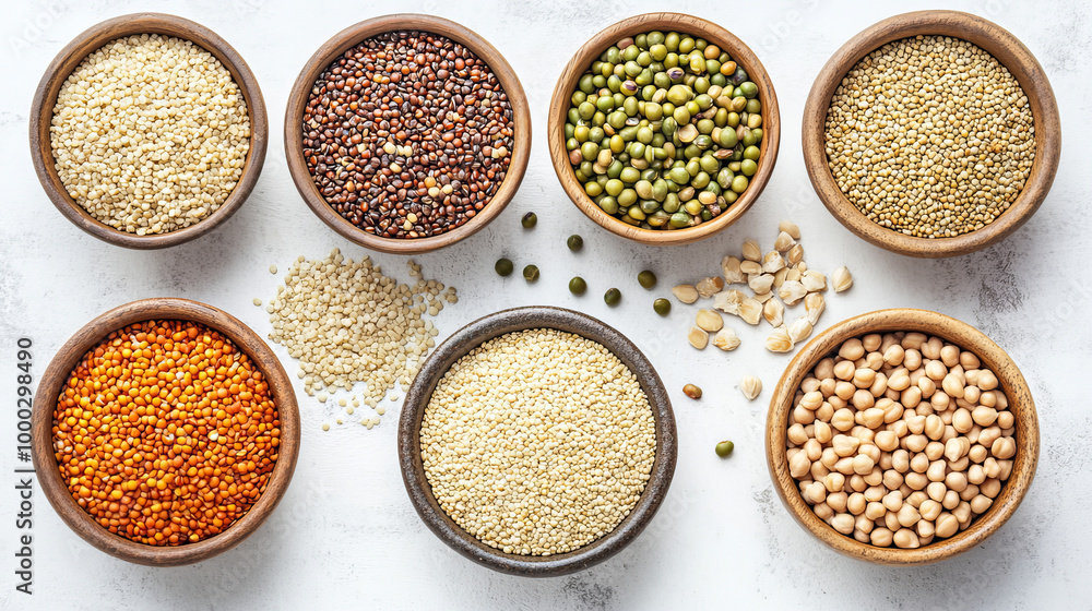 Top view of bowls filled with various healthy cereals, including bulgur, beans, quinoa, peas, couscous, and hemp seeds, alongside chickpeas and buckwheat, arranged on a light kitchen background.
Top view of bowls filled with various healthy cereals, including bulgur, beans, quinoa, peas, couscous, and hemp seeds, alongside chickpeas and buckwheat, arranged on a light kitchen background.