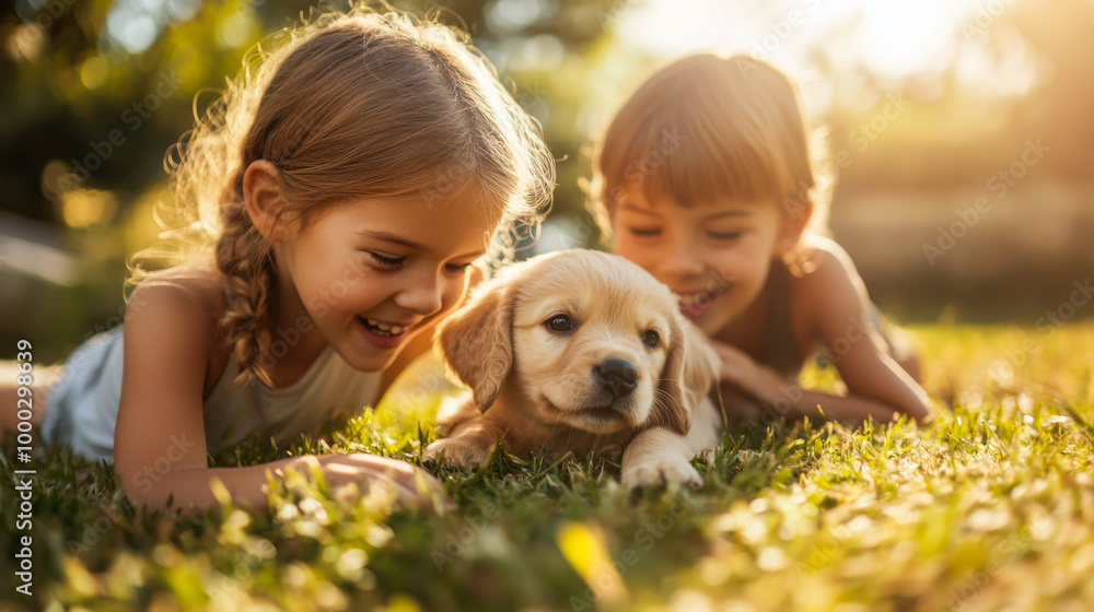 Two young girls play joyfully with a golden retriever puppy on a sunny day in a grassy backyard Two young girls play joyfully with a golden retriever puppy on a sunny day in a grassy backyard