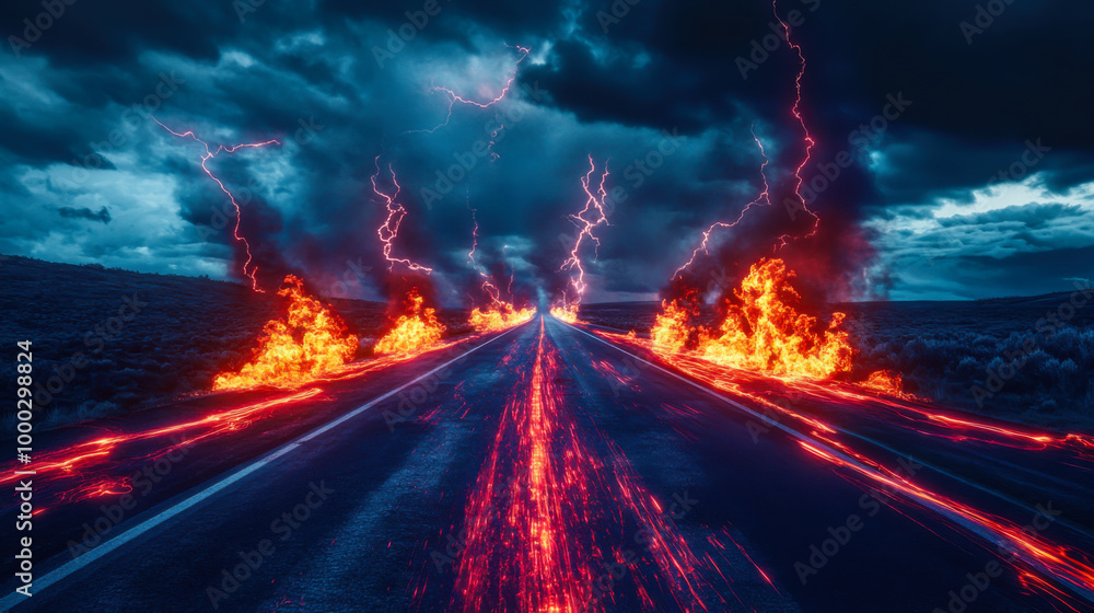 A surreal landscape with a fiery road surrounded by stormy skies and lightning strikes during twilight hours A surreal landscape with a fiery road surrounded by stormy skies and lightning strikes during twilight hours