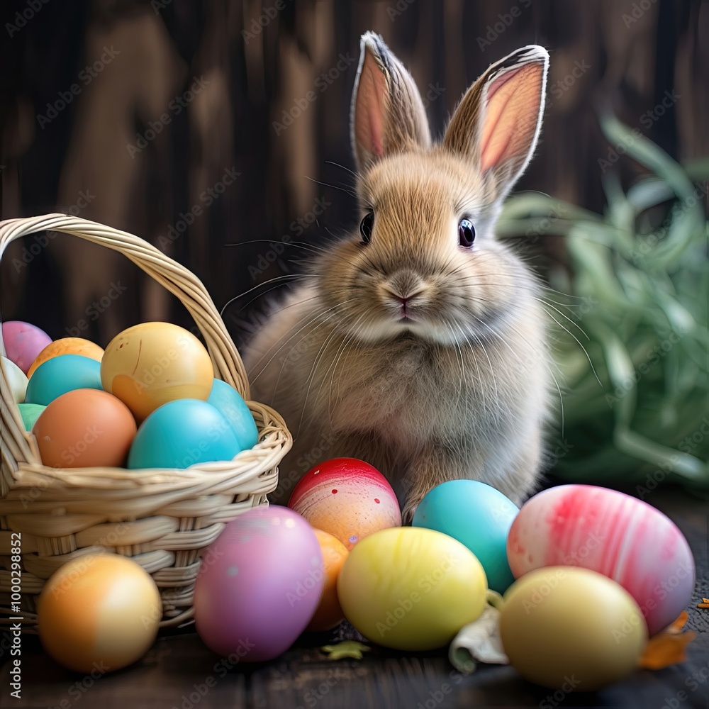 Easter card with a cute bunny sitting in a basket and colorful eggs. Concept illustration, banner ,congratulation,tradition, symbol, invitation, holiday, copy space, food. Easter card with a cute bunny sitting in a basket and colorful eggs. Concept illustration, banner ,congratulation,tradition, symbol, invitation, holiday, copy space, food.