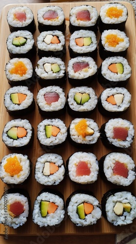 Vertical format, Colorful assortment of freshly made sushi rolls displayed on a wooden platter at a casual dining setting