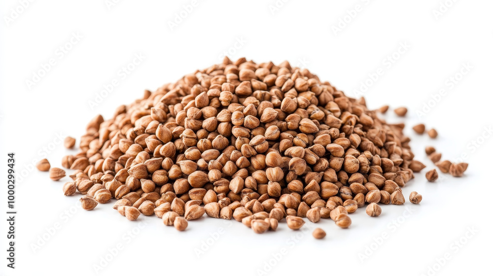 A close-up pile of buckwheat groats isolated on a white background. A close-up pile of buckwheat groats isolated on a white background.