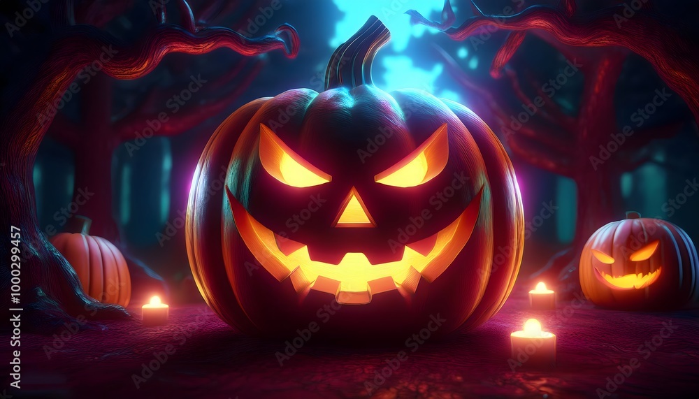 Fototapeta premium Creepy Goblin-Shaped Pumpkin Jack-o'-Lantern in a Dark and Mysterious Scene