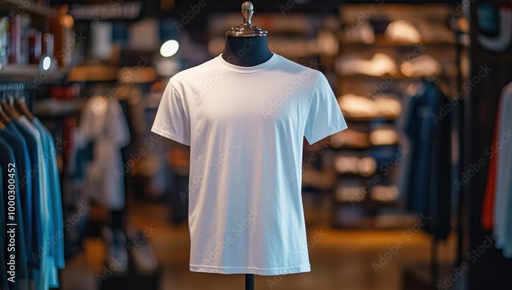 Minimalist white t-shirt displayed on a mannequin in a retail store Minimalist white t-shirt displayed on a mannequin in a retail store