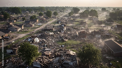 Tornado destruction with flattened homes and uprooted trees scattered across the landscape