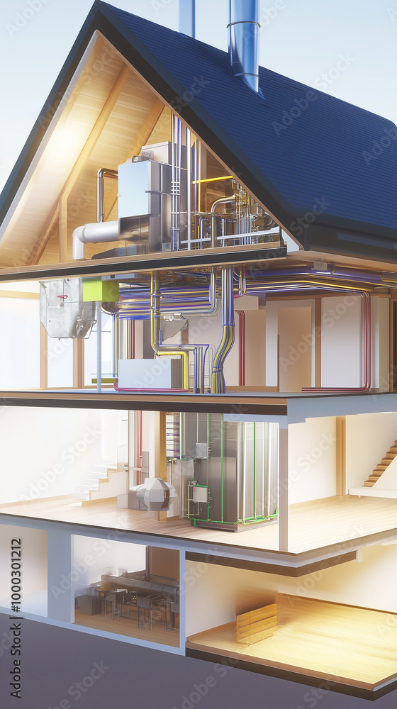 Fototapeta premium Modern House Cross-Section Showing Complex HVAC System, Architectural Visualization