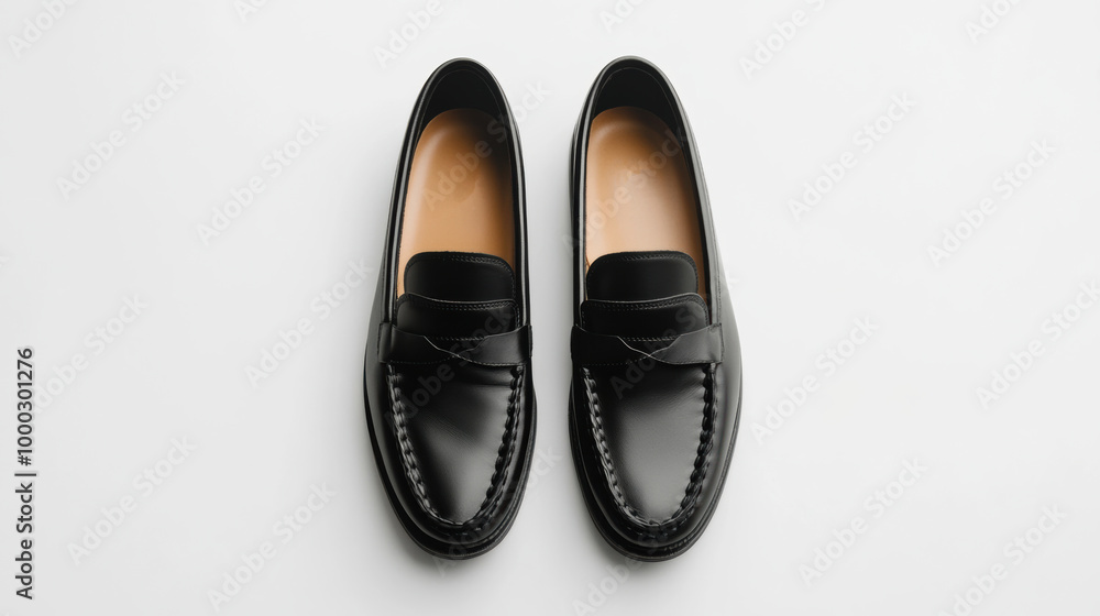 Elegant black leather loafers on a minimalist background Elegant black leather loafers on a minimalist background