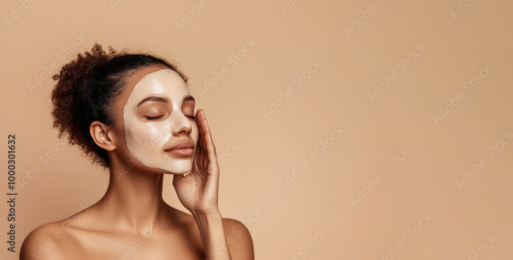 Obraz premium Young woman applying a facial mask indoors, enjoying self-care time