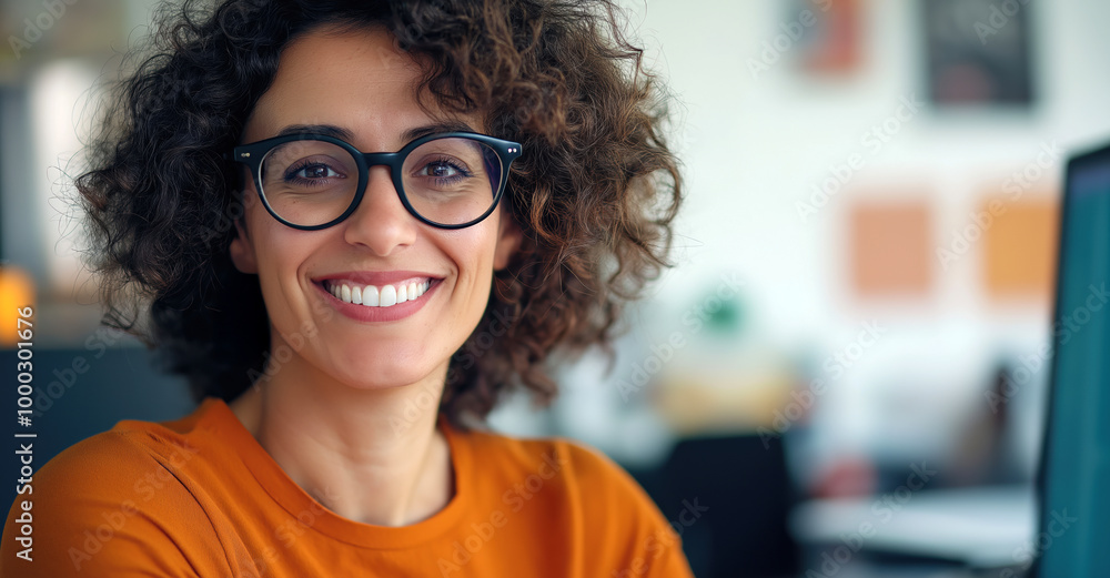 Designer, Smiling Female Designer with Glasses in a Creative Workspace. Creativity, confidence, professionalism, and workplace happiness. Designer, Smiling Female Designer with Glasses in a Creative Workspace. Creativity, confidence, professionalism, and workplace happiness.