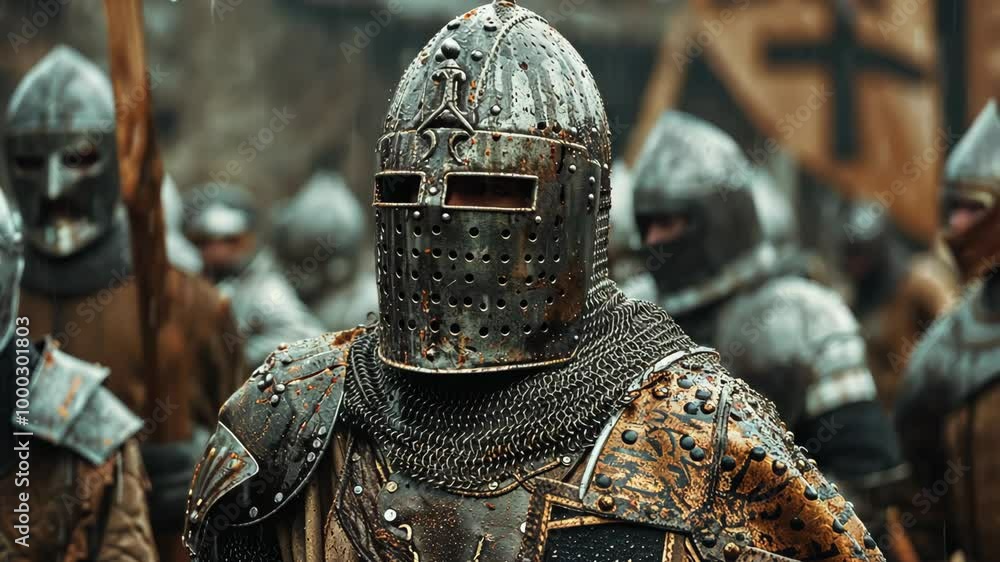 A medieval knight, clad in chainmail and a heavy helmet, stands among his comrades in the rain A medieval knight, clad in chainmail and a heavy helmet, stands among his comrades in the rain