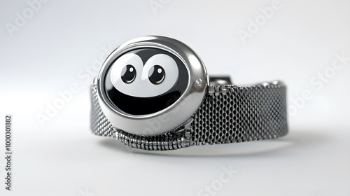 A silver watch with eyes and a smiling mouth, wearing a stainless steel mesh band, against a white background