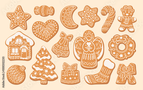 Set of Christmas Gingerbread cookies. Cute winter homemade sweets in festive shapes isolated on ivory background. Vector illustration in flat cartoon style.