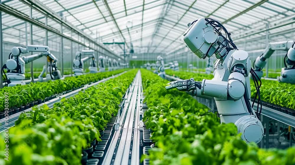 In a high-tech greenhouse, multiple robots tend to rows of lush, green plants under daylight. The scene is innovative and futuristic, highlighting automation in modern agriculture. The mood is In a high-tech greenhouse, multiple robots tend to rows of lush, green plants under daylight. The scene is innovative and futuristic, highlighting automation in modern agriculture. The mood is