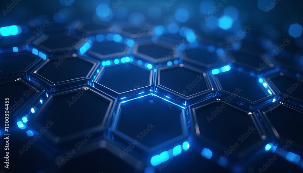 Stunning Hexagonal Structures with Glowing Blue Edges Illuminating a Dark Blue Background for Futuristic Designs Stunning Hexagonal Structures with Glowing Blue Edges Illuminating a Dark Blue Background for Futuristic Designs