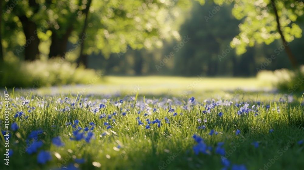 Fototapeta premium A Field of Blue Flowers in a Sunlit Meadow