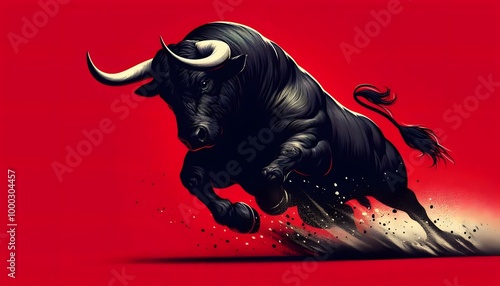 Black brave bull in motion on a red background