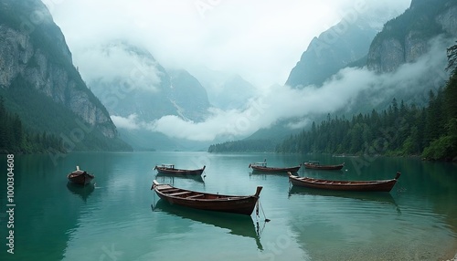 A Serene Lake Surrounded by Misty Mountains and Wooden Boats for Tranquil Escape and Exploration photo