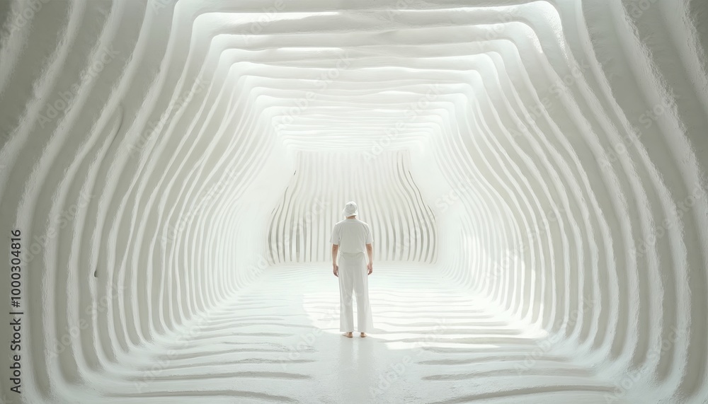 custom made wallpaper toronto digitalPerson in White Suit Walking Through a Futuristic Tunnel with Geometric Patterns