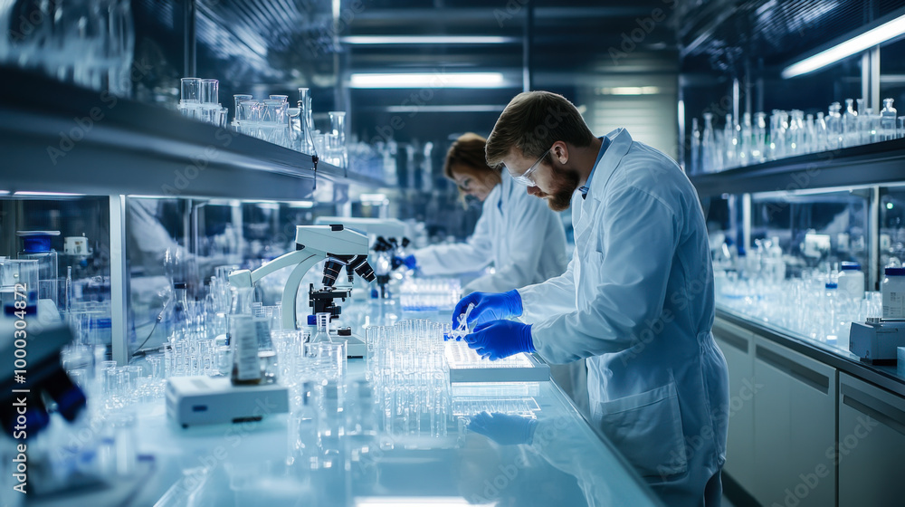 Researchers in a modern laboratory conducting experiments with glassware and microscopes during the day Researchers in a modern laboratory conducting experiments with glassware and microscopes during the day