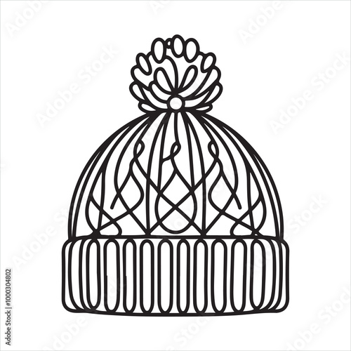 single one line Winter knit hat silhouette on white background
