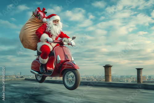 Fashion photo: Santa is riding a motorcycle scooter on roof . Concept Delivery man dressed up to deliver on Christmas Day. Order online.