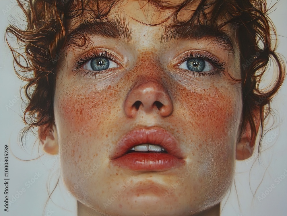 Close-Up Portrait of a Woman with Freckles and Blue Eyes Close-Up Portrait of a Woman with Freckles and Blue Eyes