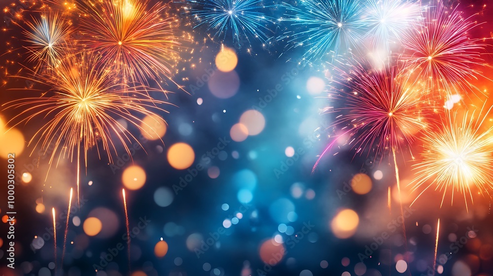 Naklejka premium Festive 2025 New Year celebration with colorful fireworks lighting up the night sky