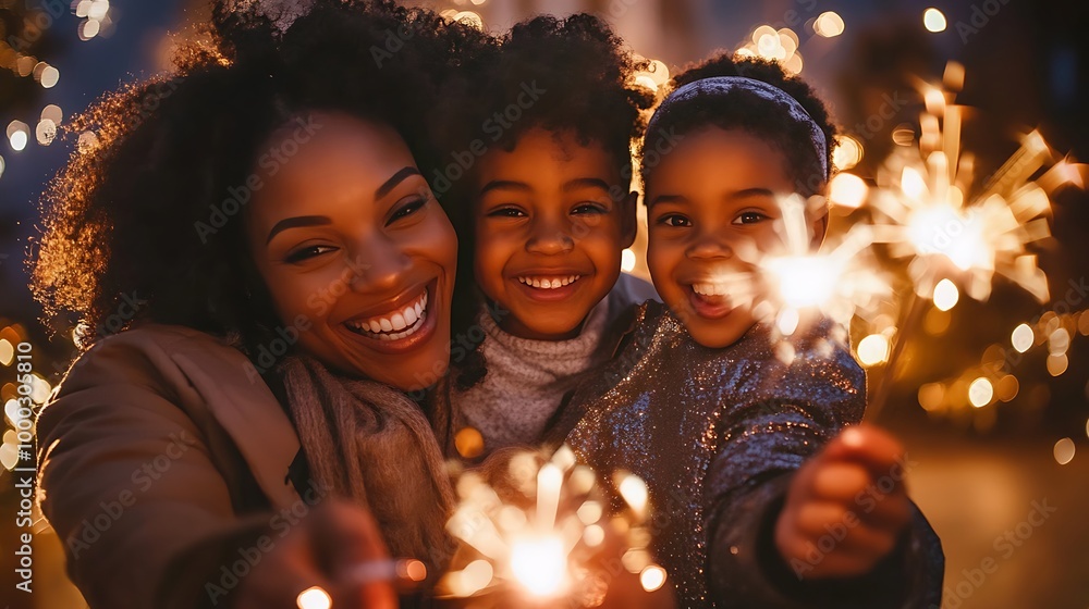 Family celebrating New Year’s Eve with sparklers and a Happy New Year 2025 sign Family celebrating New Year’s Eve with sparklers and a Happy New Year 2025 sign