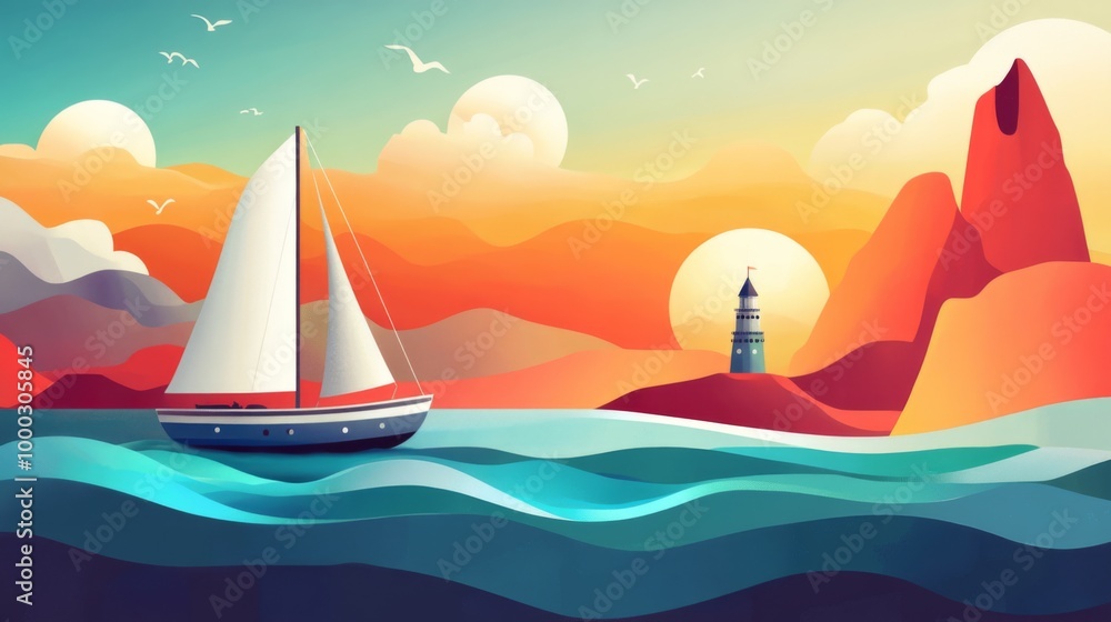 Naklejka premium Sailboat at Sunrise with Lighthouse